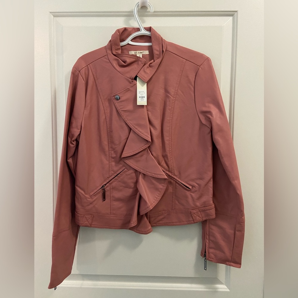 NWT Pink faux leather jacket with ruffles down the middle by the zipper